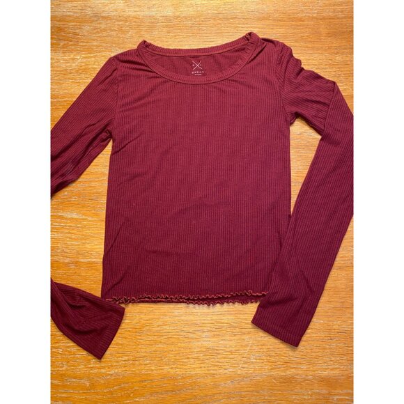 Long Sleeve Ribbed Crop Top Women’s Basic Burgundy - Picture 1 of 3